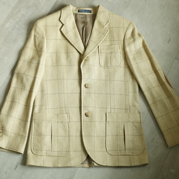 Boys Blazer Polo Ralph Lauren Linen Silk Blend Windowpane Beige Size 16 Like New - Picture 10 of 11